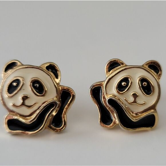 Earrings Vintage Panda Enamel Earrings #0145 - Picture 2 of 9